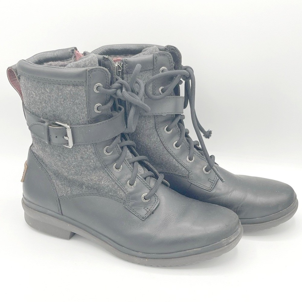 UGG Women's Black Leather Wool Lace Up Buckle Winter Boots Size 8.5